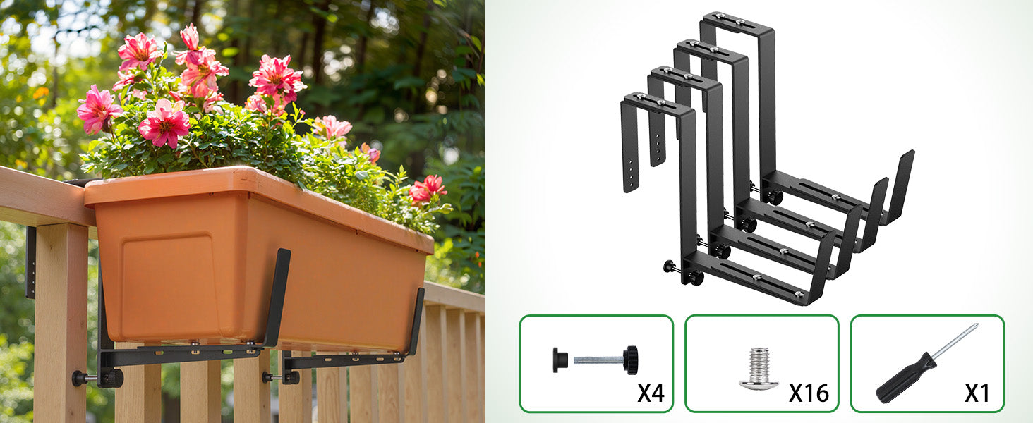 Window Box Brackets, Adjustable Planter Box Brackets, Heavy Duty Iron Flower Box Brackets for Railings, with Enhanced Bottom Support - Perfect for Balconies, Fences, and Gardens (Black, 2 Pack)