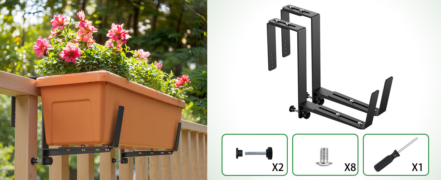 Window Box Brackets, Adjustable Planter Box Brackets, Heavy Duty Iron Flower Box Brackets for Railings, with Enhanced Bottom Support - Perfect for Balconies, Fences, and Gardens (Black, 2 Pack)