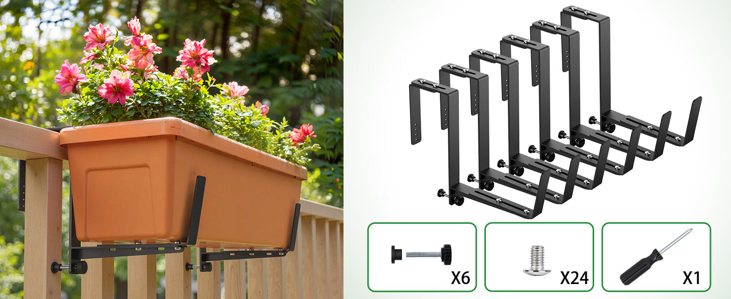 Window Box Brackets, Adjustable Planter Box Brackets, Heavy Duty Iron Flower Box Brackets for Railings, with Enhanced Bottom Support - Perfect for Balconies, Fences, and Gardens (Black, 2 Pack)