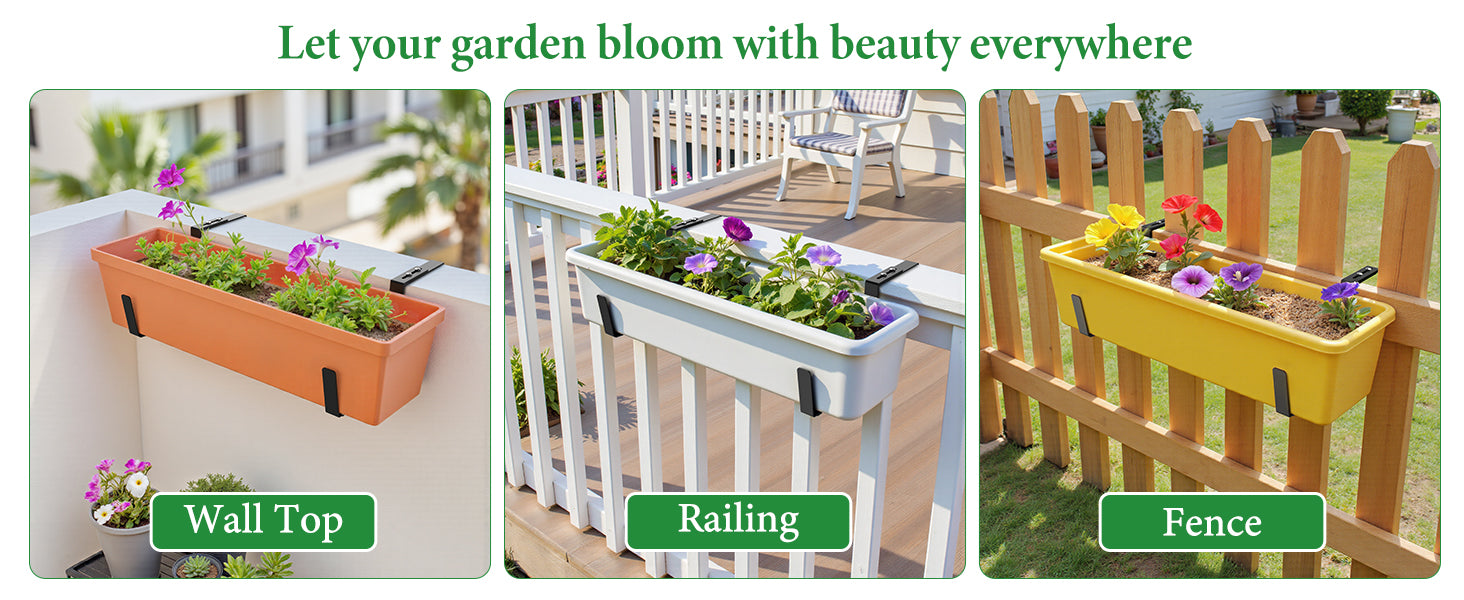 Window Box Brackets, Adjustable Planter Box Brackets, Heavy Duty Iron Flower Box Brackets for Railings, with Enhanced Bottom Support - Perfect for Balconies, Fences, and Gardens (Black, 2 Pack)