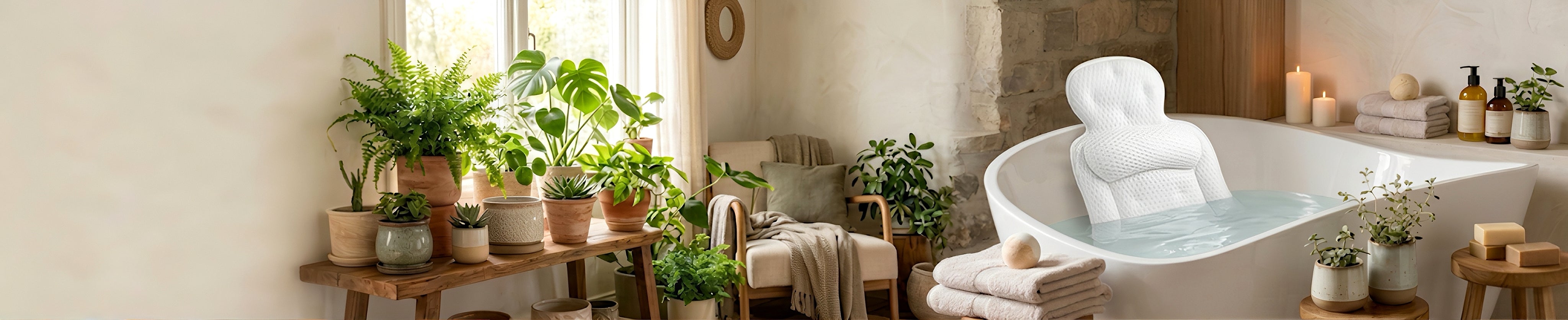 Relaxing bathroom scene with a bathtub, plants, and towels.
